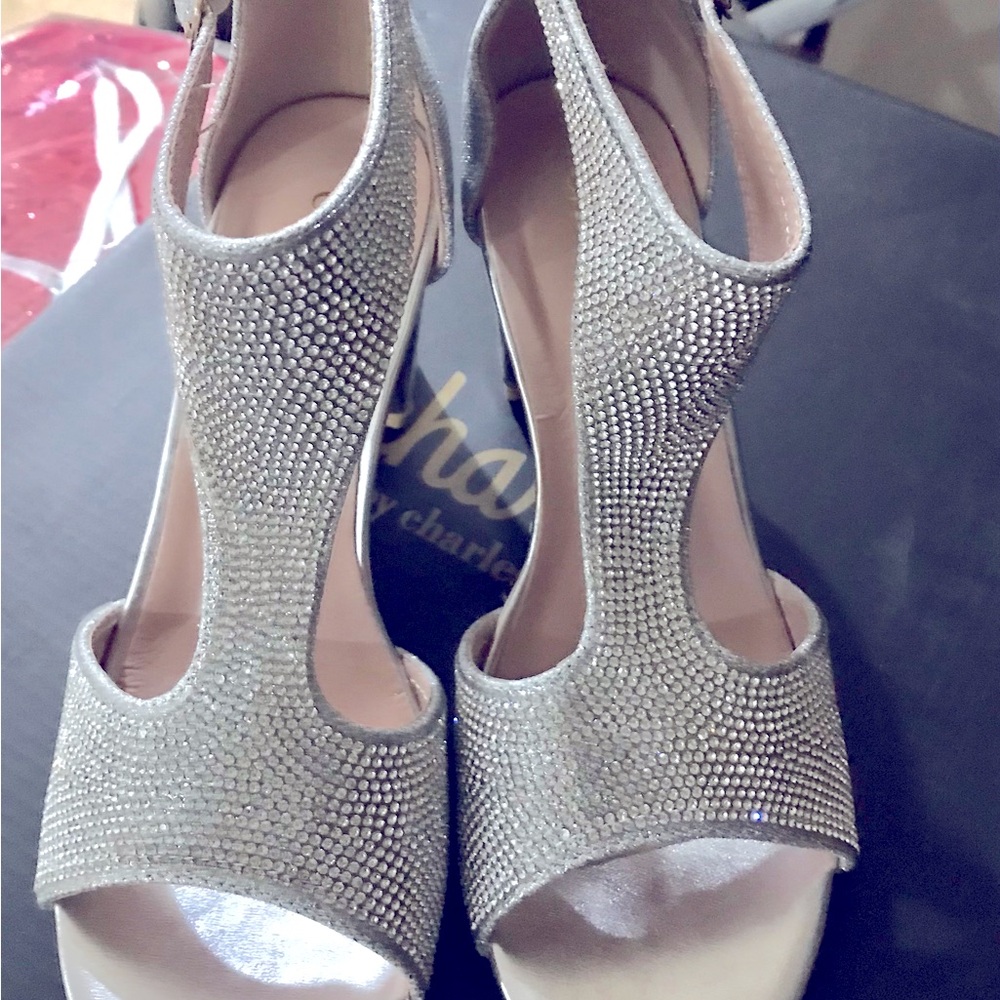 Sparkly silver rhinestone block heels
